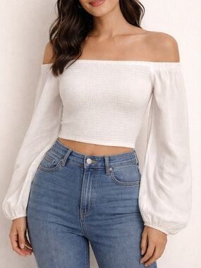 NWT JAPNA Off-Shoulder Smocked Crop Top